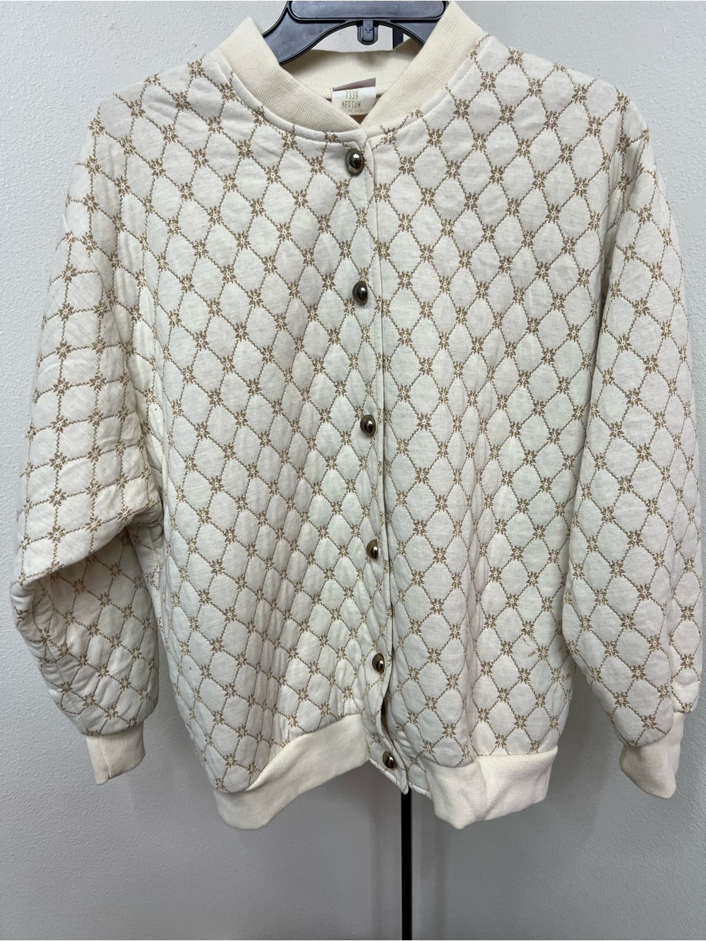 VTG Cream Quilted Diamond-Print Bomber Jacket